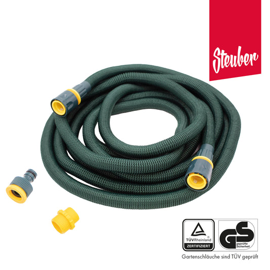 Flexibler ausdehnbarer Gartenschlauch mit Soft-Touch-Griff in grün, dehnbar bis zur dreifachen Länge, Sprühkopf mit 10 Funktionen