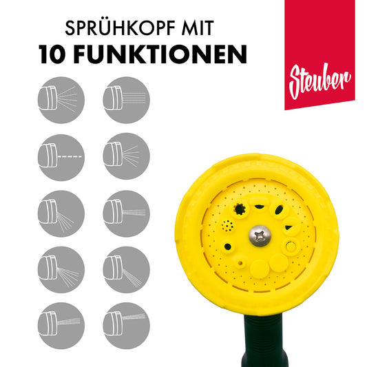 Ersatz Sprühkopf für Gartenschlauch 1/2 Zoll mit 10 Funktionen inkl. Adapter-Set