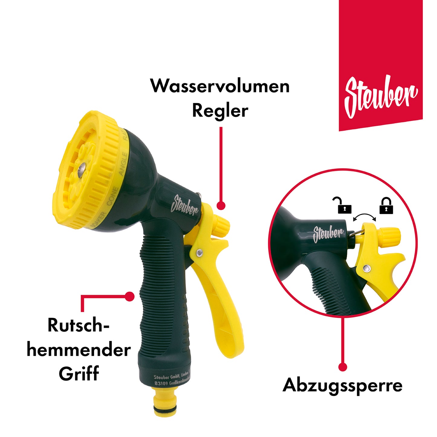 Ersatz Sprühkopf für Gartenschlauch 1/2 Zoll mit 10 Funktionen inkl. Adapter-Set