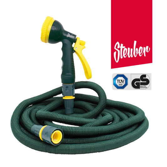 Flexibler ausdehnbarer Gartenschlauch mit Soft-Touch-Griff in grün, dehnbar bis zur dreifachen Länge, Sprühkopf mit 10 Funktionen