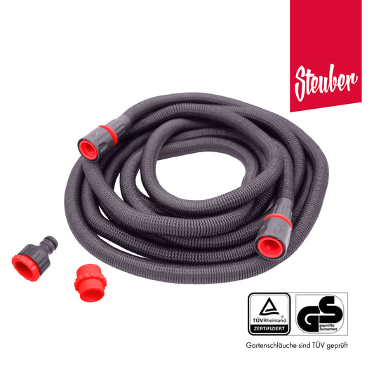 Flexibler ausdehnbarer Gartenschlauch mit Soft-Touch-Griff in grau, dehnbar bis zur dreifachen Länge, Sprühkopf mit 10 Funktionen