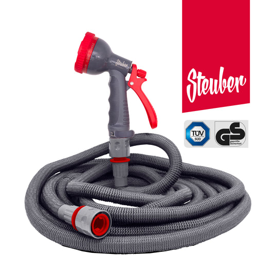 Flexibler ausdehnbarer Gartenschlauch mit Soft-Touch-Griff in grau, dehnbar bis zur dreifachen Länge, Sprühkopf mit 10 Funktionen