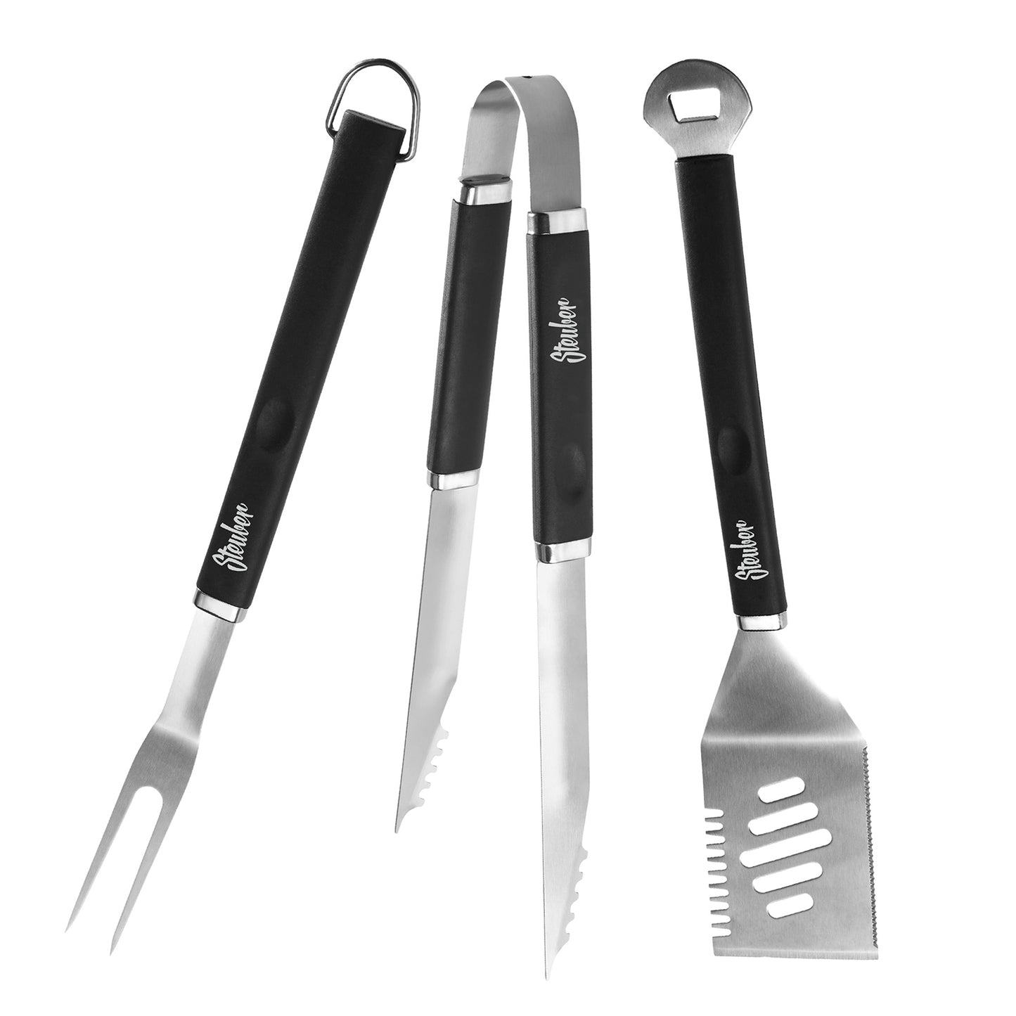 Grillbesteck 3er Set aus Grillwender, Grillzange & Fleischgabel